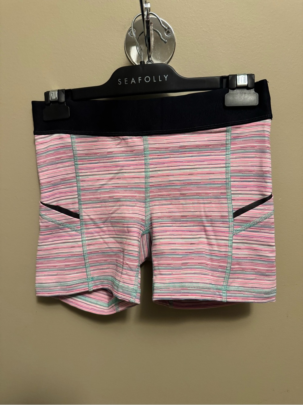 lululemon athletica Pink Striped Bike Shorts with Black Waistband